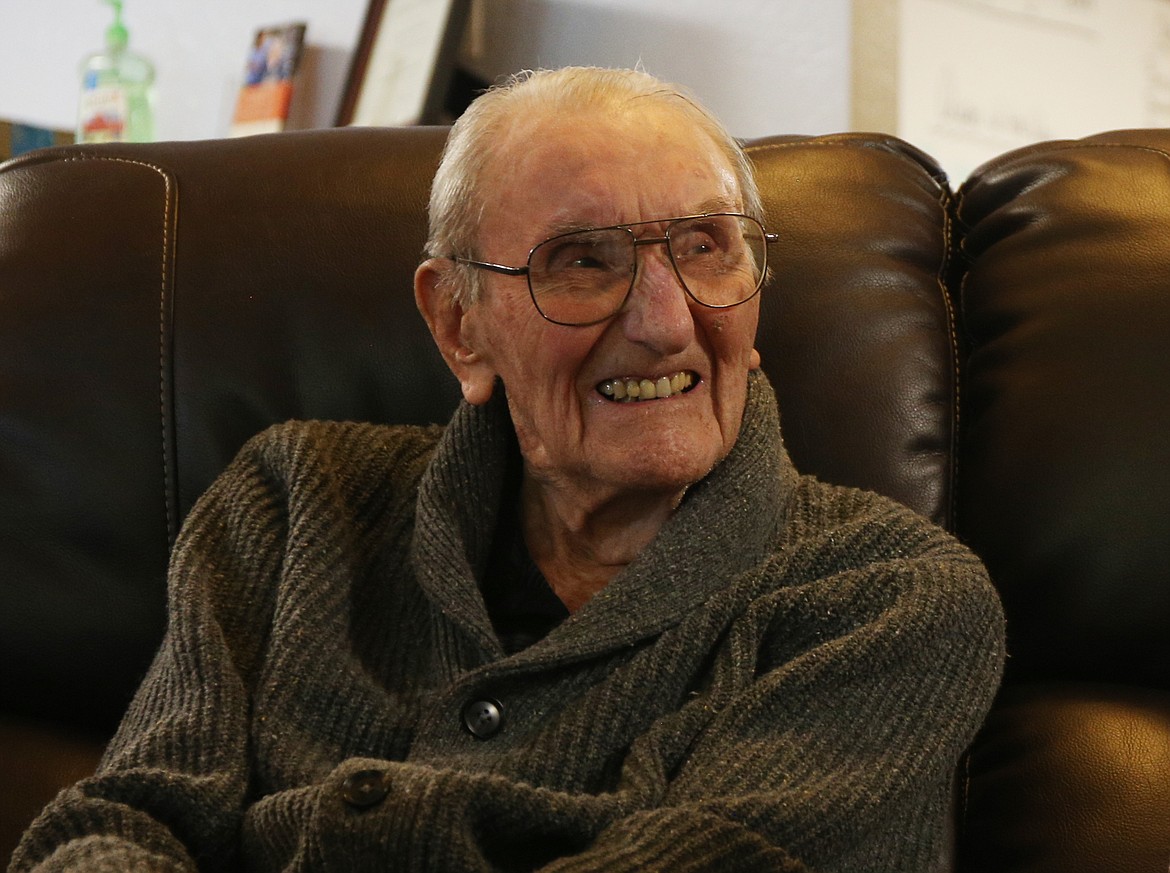 LOREN BENOIT/Press
U.S. Army Air Corps ace Ralph Wandrey shares his World War II stories with The Press Thursday afternoon at Maple Wood Assisted Living in Hayden. Wandrey, 96, tallied six confirmed kills, qualifying him as an ace, plus 12 more probable kills and took part in nearly 200 combat missions.