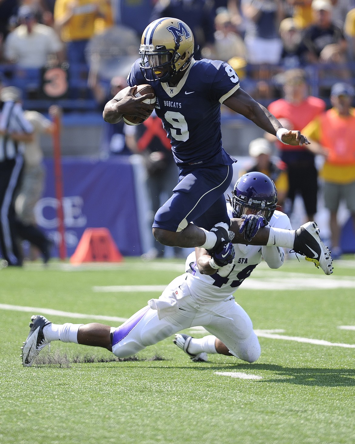 FORMER MONTANA State quarterback Denarious McGhee scrambles in a regular season game against Stephen F. Austin. McGhee is set to begin his second year as the Montana State University Bobcats quarterback coach, and will be one of the 14 football coaching staff members on the Shadowboat ride at 6 p.m. Friday at the Kwataqnuk Resort &amp; Casino. (Photo courtesy of Montana State University)