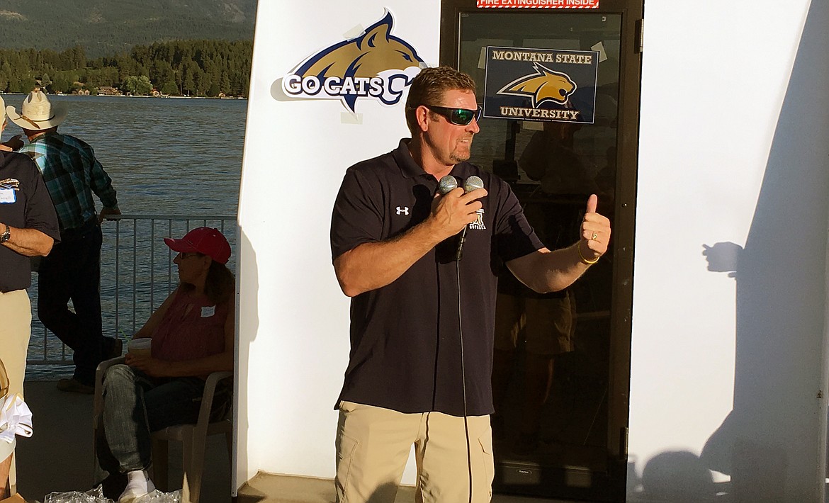 MONTANA STATE University Bobcats coach Jeff Choate speaks to Mission Valley Bobcats fans at last year&#146;s Shadowboat ride at Kwataqnuk Casino &amp; Resort in Polson. (Photo by Jason Blasco/Lake County Leader)