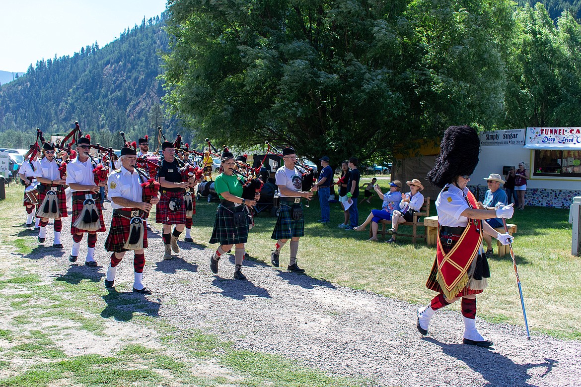 The Montana Highlanders march to the stage during the 2018 Kootenai Highlanders Gathering Saturday.