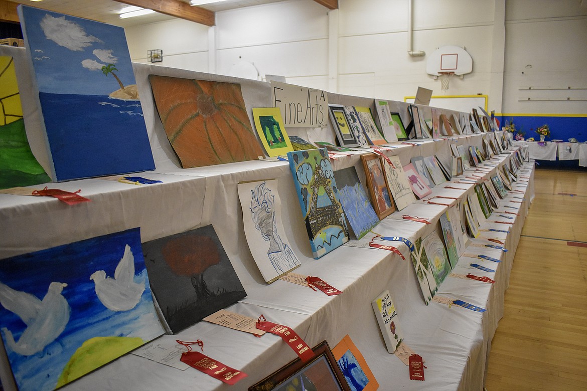 Various artistic entries into the 2018 Lincoln County Junior Fair are displayed in the gymnasium at the former Asa Wood school building. (Ben Kibbey/The Western News)