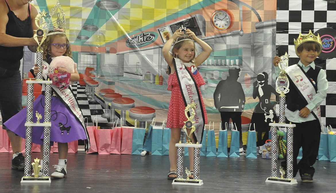 PICTURED LEFT to right are Aubrey Gonzalez, Mylee Udall and Gideon Gainan during The Little Miss and Mister Good Old Days Pageant Friday, July 20. (Photos by Ashley Fox/Lake County Leader)