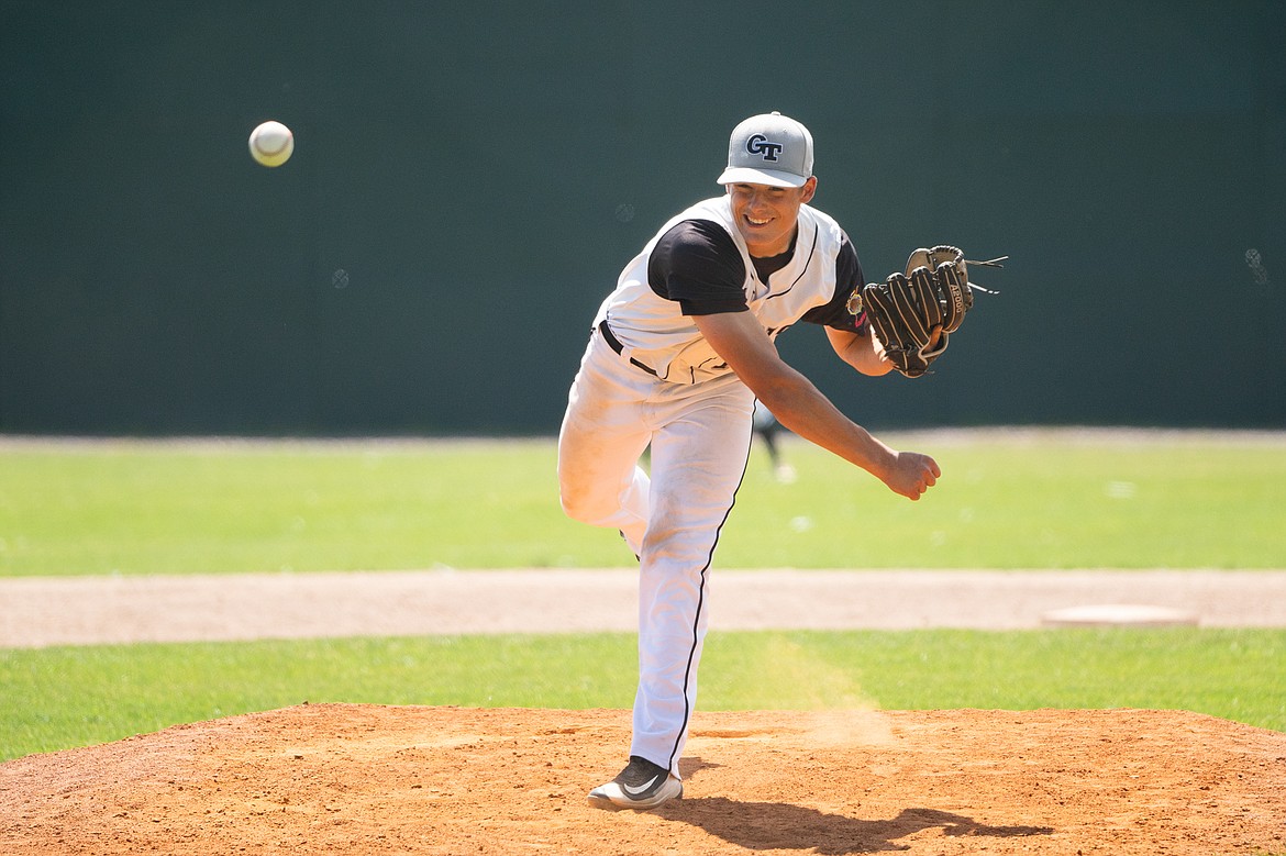 Coby Clark-Dickenson tosses a strike in a win against the Bitterroot Red Sox last week at Memorial Field. (Daniel McKay/Whitefish Pilot)