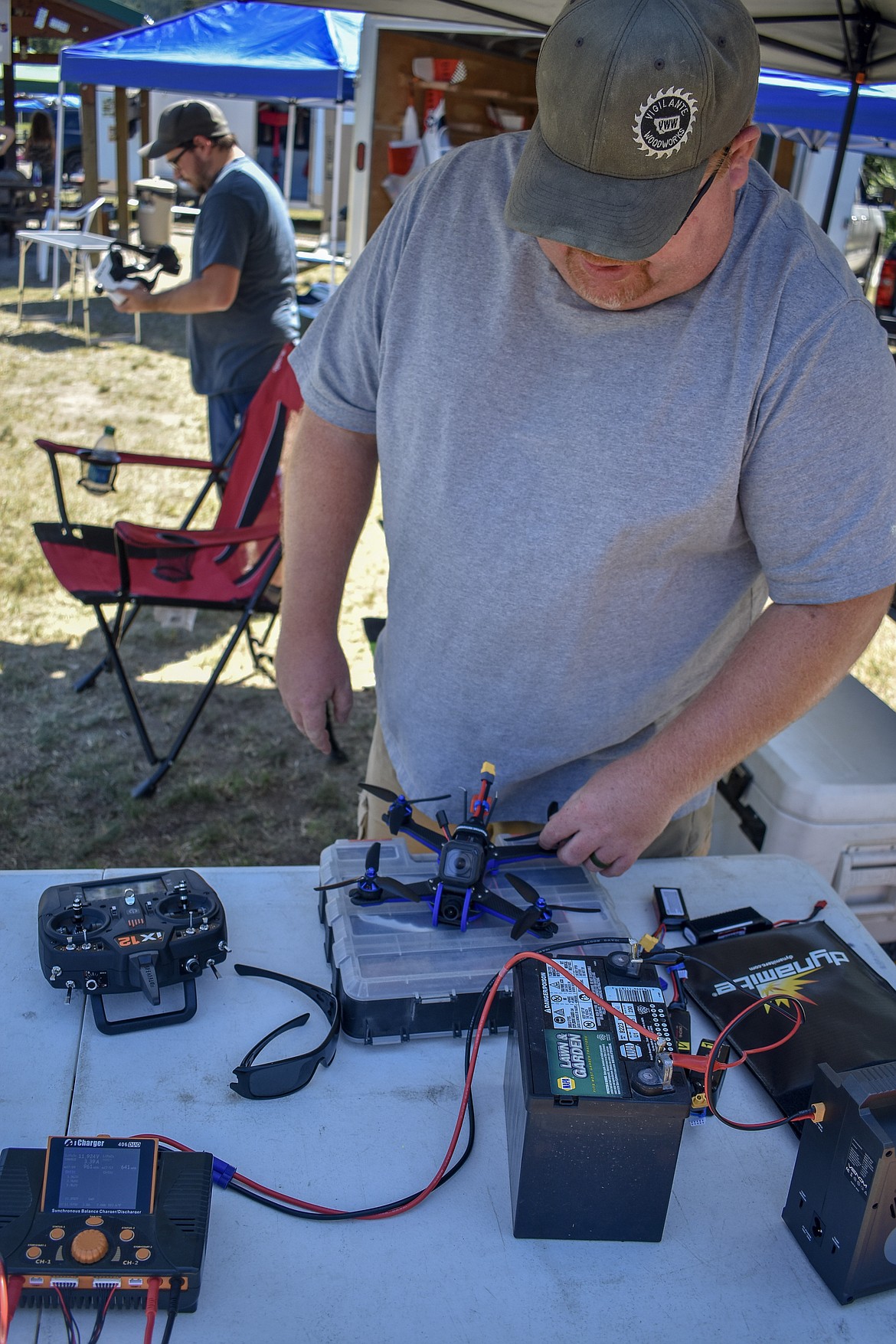 Sam Scheer gets his racing drone ready for a flight during the annual Kootenai RC Flyers Fun Fly July 14 at the RC airport off Champion Haul Road. (Ben Kibbey/The Western News)