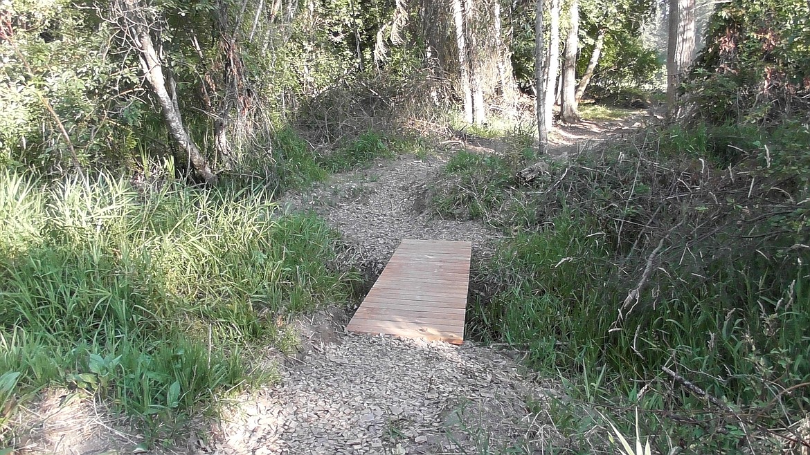 A wood bridge on the new nature trail in Lawrence Park will help keep hikers from getting their feet wet. Glacier High School student Alex Durado built the bridges for a service project. (Scott Shindledecker/Daily Inter Lake)