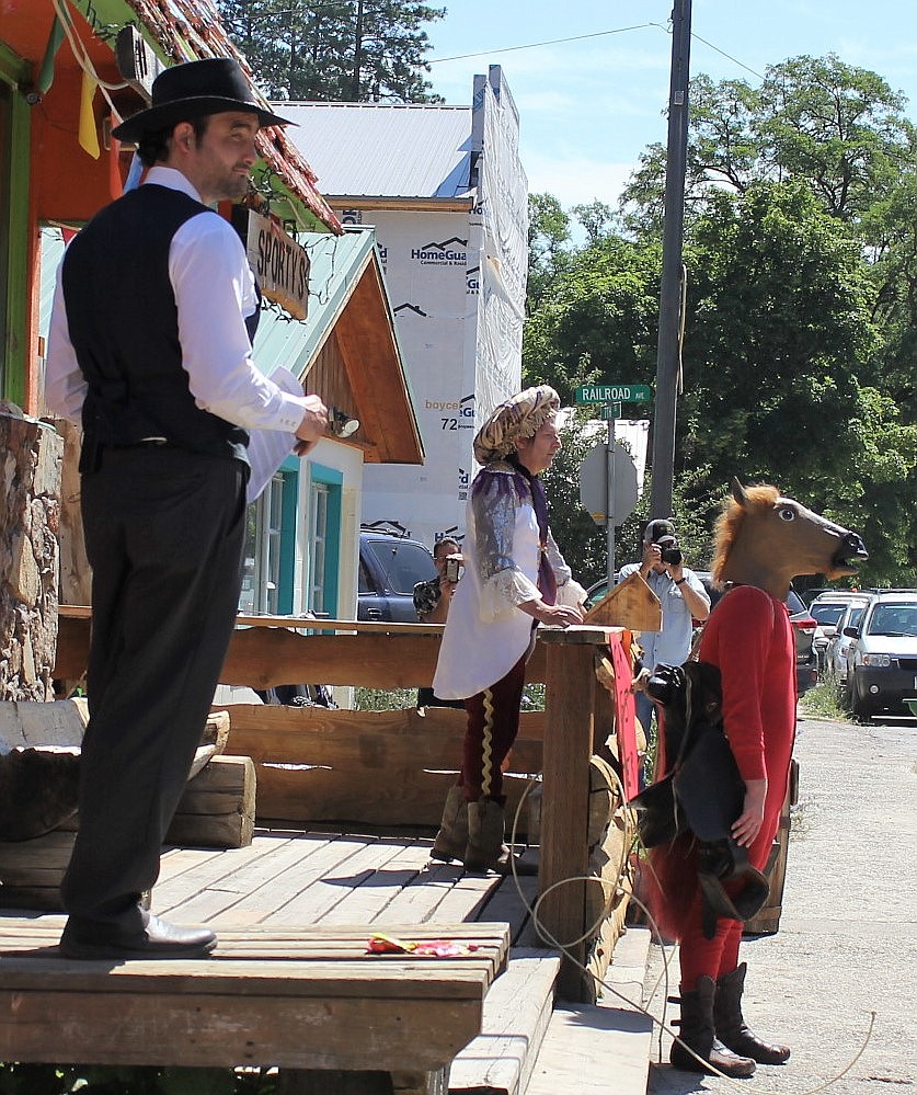 Sportman Bar held a &#147;shootout&#148; during Railroad Day, narrated by Matt Sibert (left), with Mayor Jimmy played by the bar&#146;s owner, John Zunski (middle) and his trusty steed, Stewie.