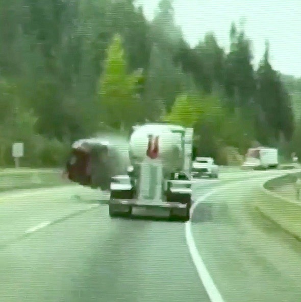 Photos courtesy of IDAHO STATE POLICE
A snapshot from dash camera footage showing O&#146;Connell&#146;s car airborne after colliding with the semi-truck.