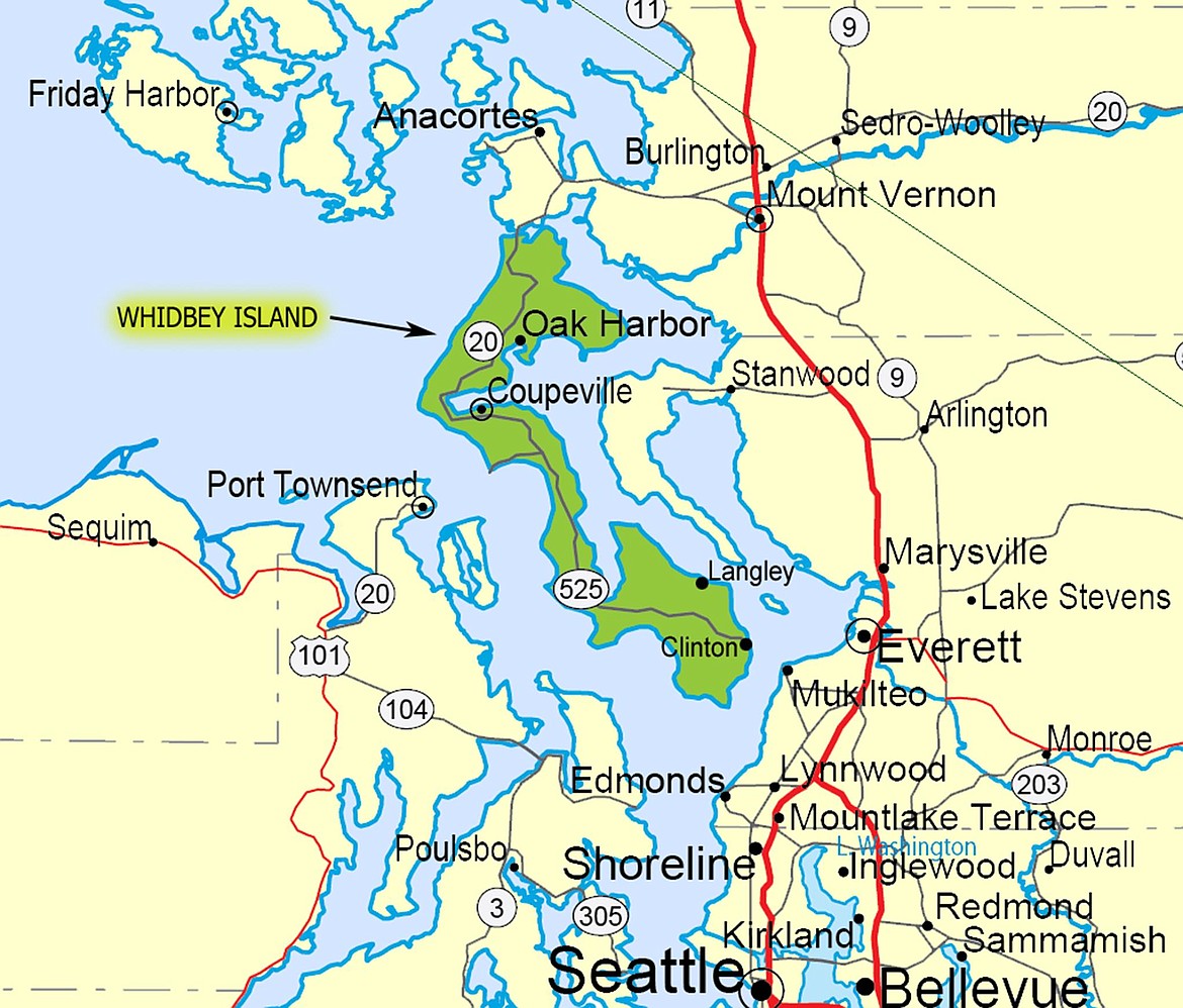 GOOGLE IMAGES
Map of Whidbey Island area, Colonel Isaac Ebey&#146;s farm located on the island across the channel from Port Townsend where he was postmaster, rowing back and forth daily.