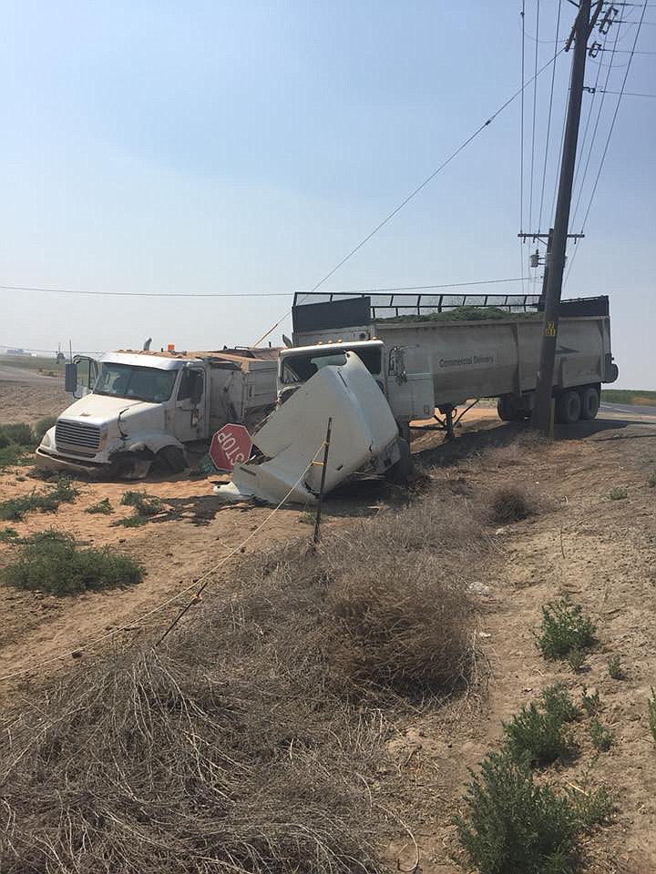 Adams County Sheriff&#146;s Office/courtesy photo
One person was injured after two semi-trucks collided near Othello on Tuesday.