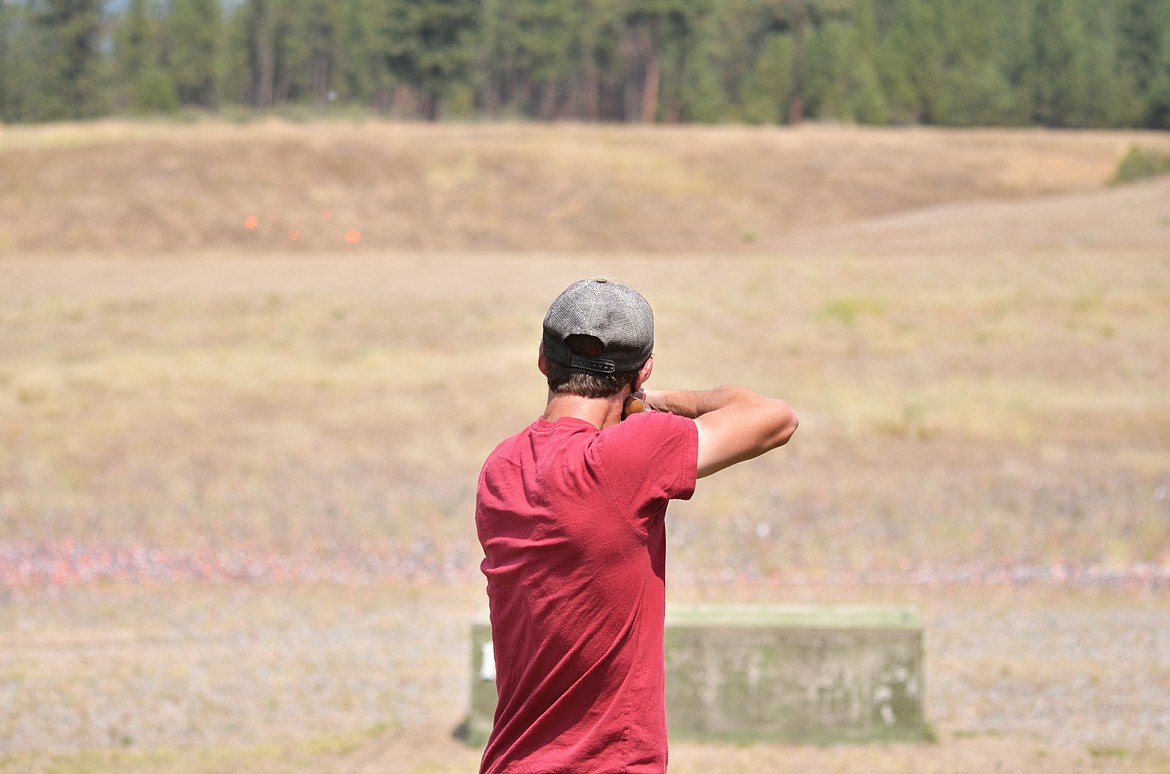 Joe Buchanan hits his target on Trap 1 during the Handicaps on Saturday afternoon. (Erin Jusseaume/ Clark Fork Valley Press)