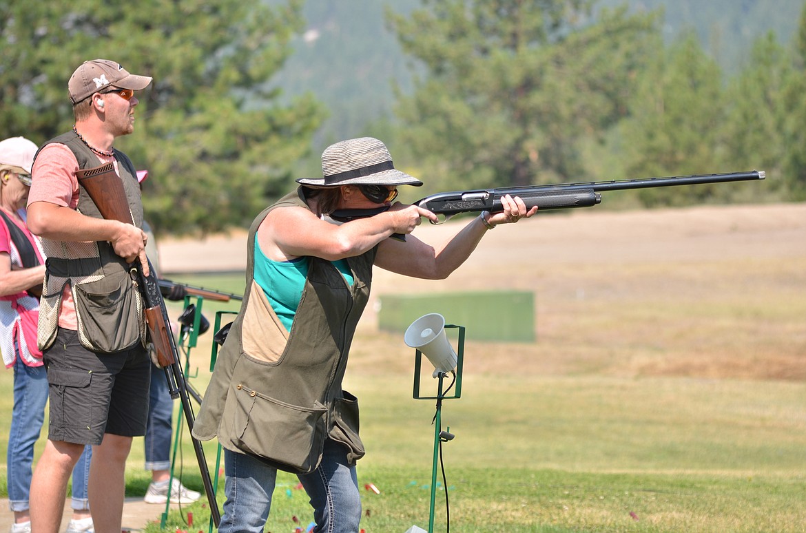 Loise Hanson takes her shot on the number 5 station during the singles event on Trap 1 Saturday morning. (Erin Jusseaume/ Clark Fork Valley Press)