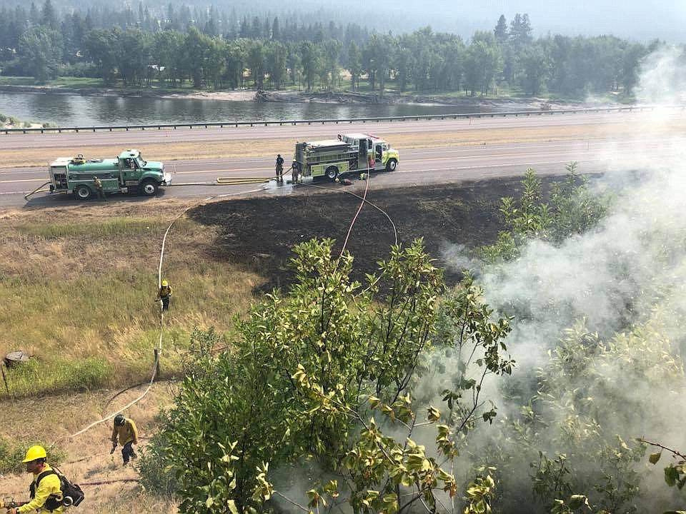 Emergency crews responded to a five-acre fire near Cyr on Wednesday afternoon, Aug. 1, causing both lanes of traffic on Interstate 90 to come to a complete halt. (Photo courtesy of the Frenchtown Rural Fire Department)