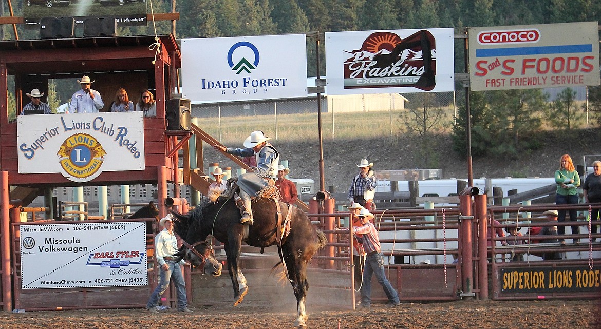 Bareback riding only had two entries this year where George Gillespie from Darby placed first and won a purse of $432 at the Superior rodeo. (Photo by Dylan Ryan)
