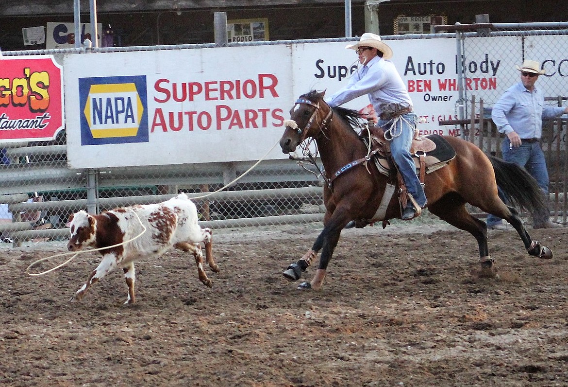 Tie-down roping had 14 entries this year with the winner Chase Mitchell from Shepherd, Mont., with a time of 10.6 at the rodeo in Superior last weekend. (Kathleen/Woodford Mineral Independent)