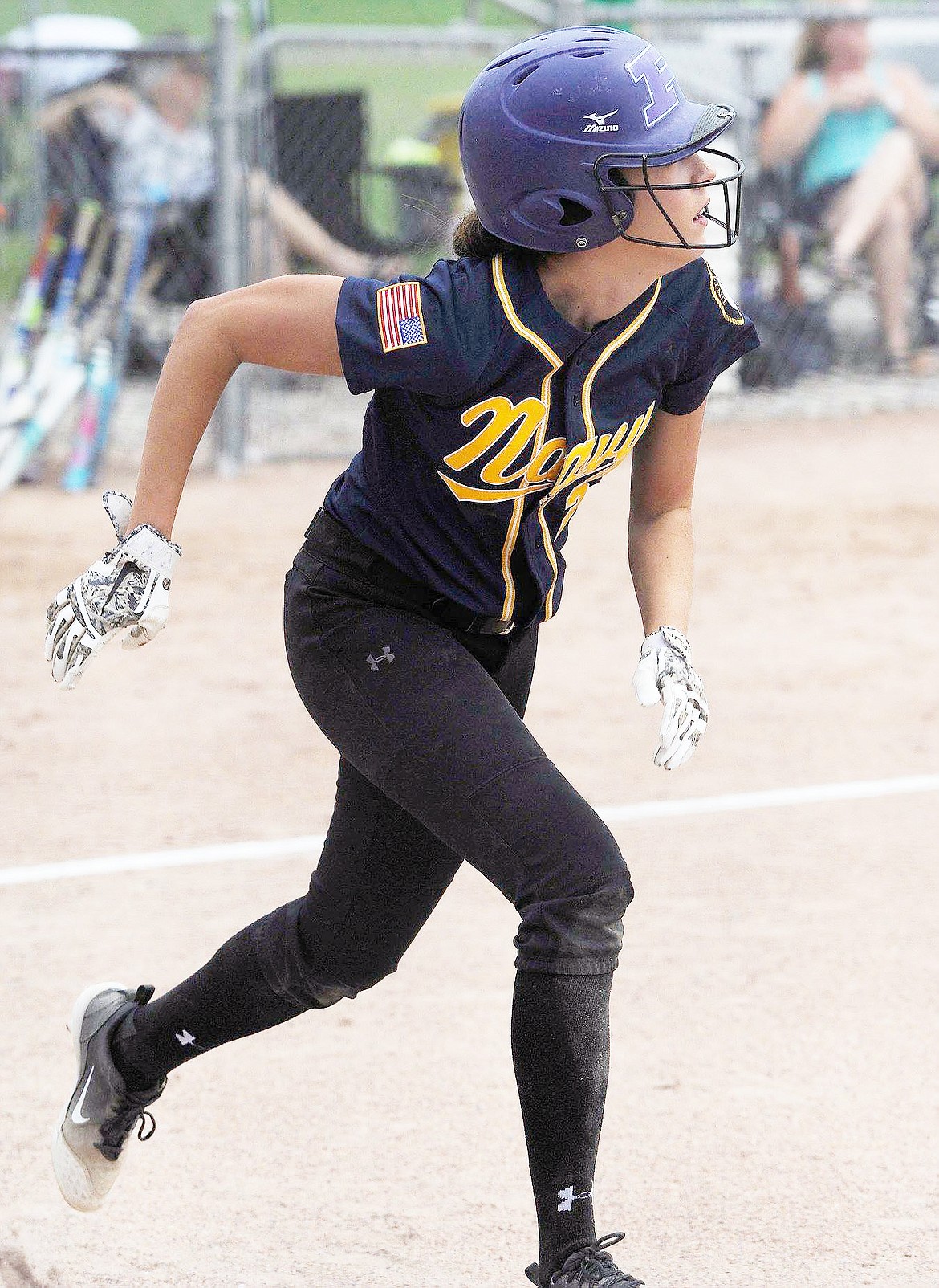 FORMER POLSON Lady Pirate softball player Kaelyn Smith smashes the ball into play during the 2018 
 2018 Veteran Memorial Classic in Belgrade. (photo courtesy of Dan Chesnet, Belgrade-News)