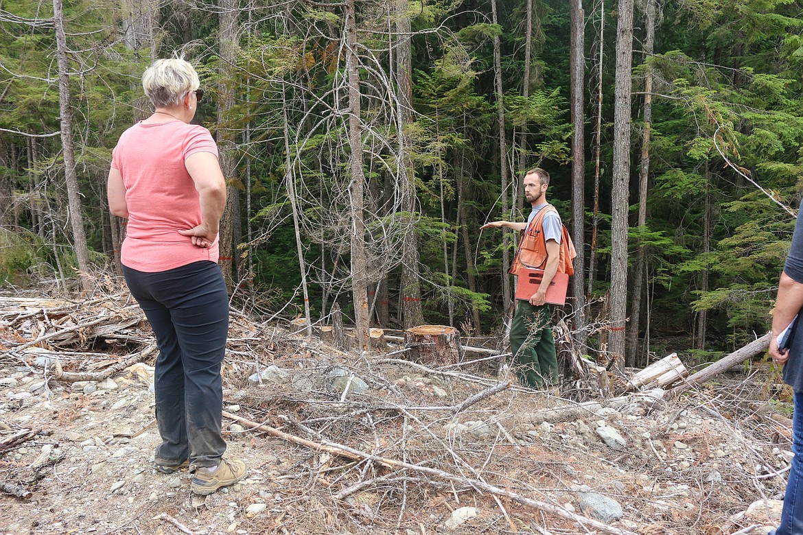 Photo by MANDI BATEMAN
Department of Lands Forester Jonathan Luhnow talks about Twent Mile Creek below.