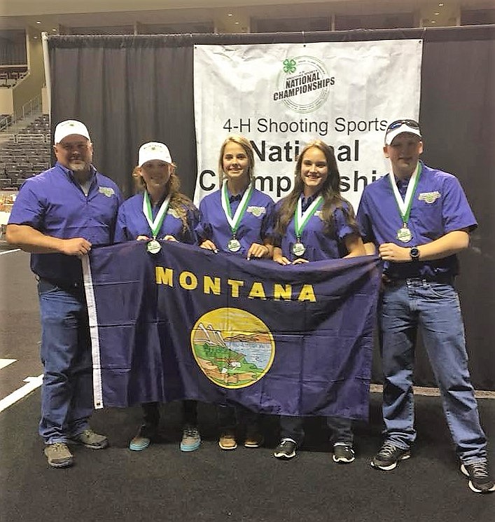 The Montana State 4-H Air Rifle Team placed third at Nationals held in Grand Island, Neb., on June 24-29. Two Mineral County members won a spot on the state team, Bailey Milender and Howie Edison. From left to right: Coach Richard Milender, Lyndy Powers, Bailey Milender, Margo Spaulding and Howie Edison. (Photo courtesy of Mineral County 4-H Shooting Sports)