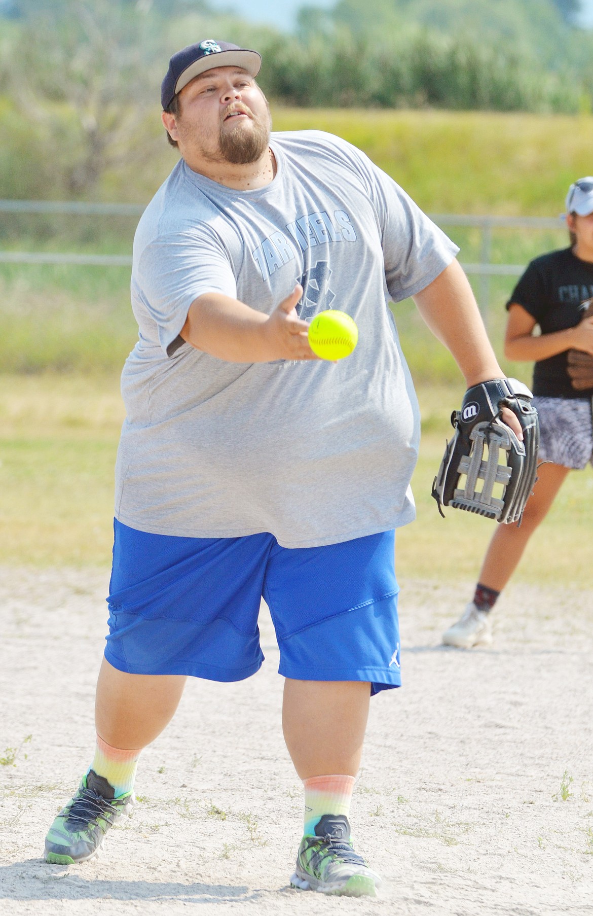 PIONEER DAYS softball participant Al Morigeau delivers a pitch during Ronan Pioneer Days Saturday afternoon in Ronan. (Jason Blasco/Lake County Leader)