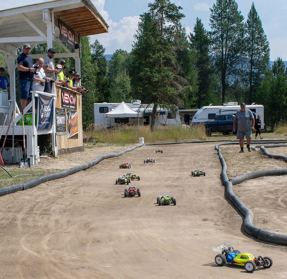 Drivers control their cars from the drivers&#146; stand during final races of the Kootenai RC Racers&#146; Hot August Showdown on Sunday. (Ben Kibbey/The Western News)