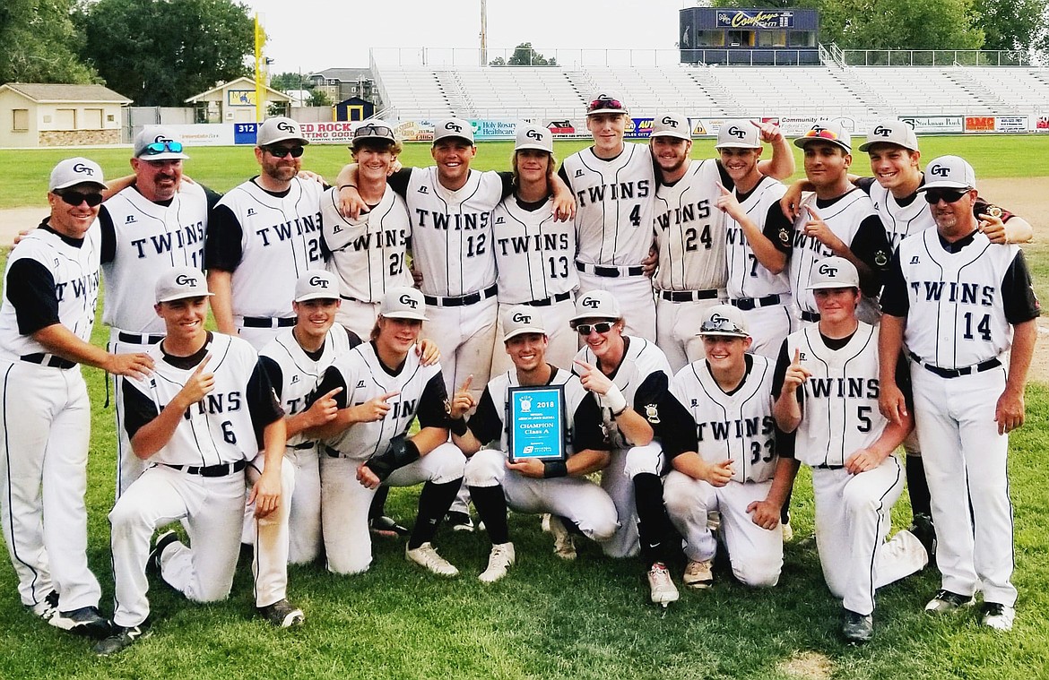 The Twins celebrate after defeating the Bitterroot Red Sox 8-6 in the Montana-Alberta Class A State American Legion baseball tournament in Miles City on Sunday. (Heather Morrison photos)