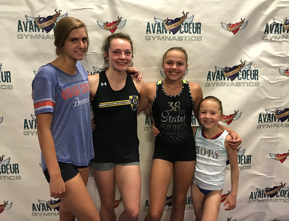 Courtesy photo
From left: Tessa DePasquale, Kaytlyn Brenneman, Madalyn McCormick and Lavi Crain of Avant Coeur Gymnastics. DePasquale graduated this year as a level 10 and will be joining the 2018-19 Boise State gymnastics team. Last season the Broncos won a fourth-straight MRGC title with a team score of 196.875. The team GPA of 3.806 landed them the title No. 1 academic team in women&#146;s gymnastics for 2018. Crain is one of thousands of gymnasts ages 8-10 who participated in TOPs State Testing. She qualified to National Testing by ranking in the top 100. She will travel to Indianapolis to participate in National Testing on Oct. 5-7. From National Testing, the top gymnasts will make the TOPs National A or B team.  McCormick earned a spot on the Idaho National Judges Cup team. She scored an AA of 38.2 at the state meet, putting her in second place out of 41 athletes. The Idaho team will have 6 members and will compete at the 29th annual National Judges Cup Championships in Overland Park, Kan., on Jan. 4-5. Brenneman finished her first year as a college gymnast competing for NCAA Division III Gustavus Adolphus College in St. Peter, Minn. The Gustavus gymnastics team took fifth at the 2018 Wisconsin Intercollegiate Athletic Conference with a season-high score of 185.725, the third-best team score in program history.