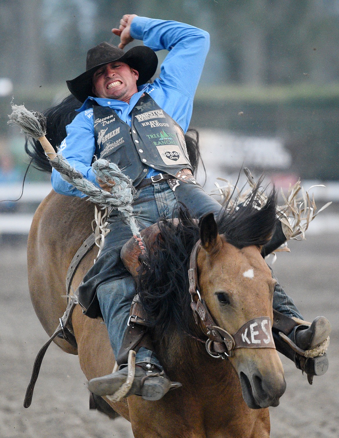 Steven Dent, of Mullen, Nebraska, holds on to his horse Navajo Sun during the saddle bronc riding event at the Northwest Montana Fair PRCA Rodeo on Saturday evening at the Flathead County Fairgrounds. (Casey Kreider/Daily Inter Lake)