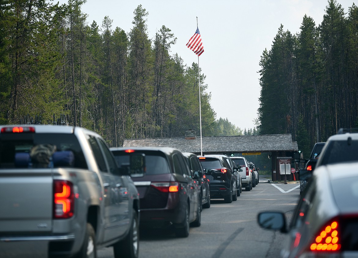 In spite of the three fires currently burning in Glacier National Park there were still long lines of visitors at the West Glacier entry on Monday, August 13. Several of those entering the park got to the guard station, and turned around to leave when they learned they could not go passed Apgar on account of the current fire conditions.(Brenda Ahearn/Daily Inter Lake)