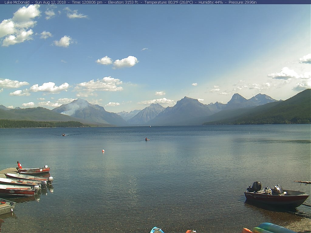 Smoke from a wildfire burning along Lake McDonald in Glacier National Park is seen in the webcam shot from Sunday morning. (NPS webcam)