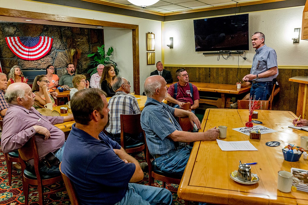 Matt Rosendale, above right and below, a Republican running to represent Montana in the U.S. Senate, speaks at the Venture Inn in Libby Friday, Aug. 10. (John Blodgett photos/The Western News)