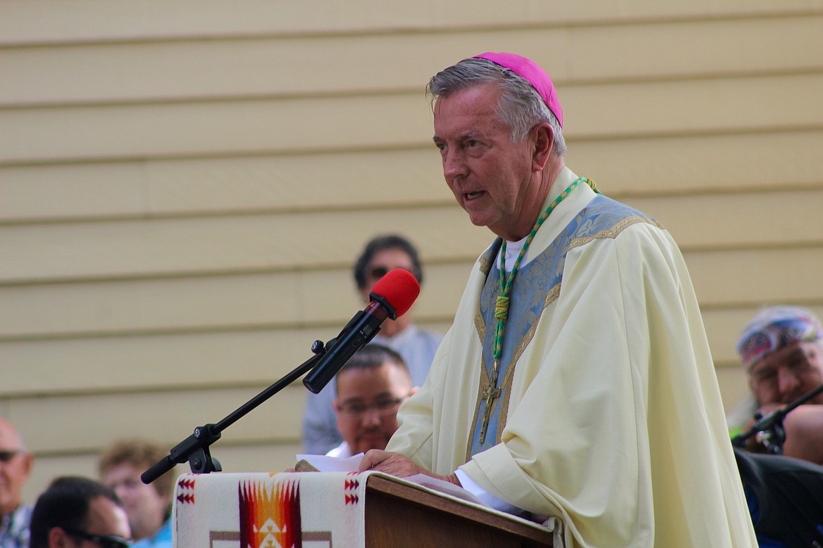 Bishop Peter Forsyth Christensen speaks to attendees during Mass. Originally from California, Christensen was named the eighth bishop of the Diocese of Boise by Pope Francis in 2014.