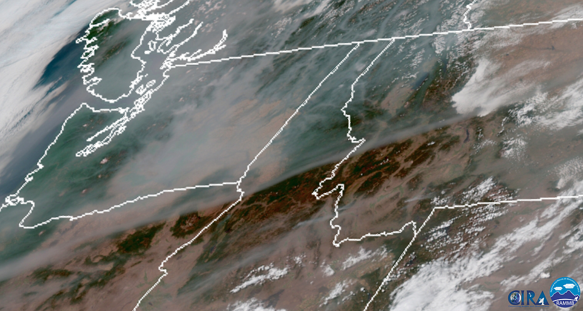 Courtesy of the COOPERATIVE INSTITUTE FOR RESEARCH IN THE ATMOSPHERE and the REGIONAL MESOSCALE METEOROLOGY BRANCH/
A satellite image of the region on Aug. 13 at approximately 4 p.m. showing the smoke from regional wildfires.