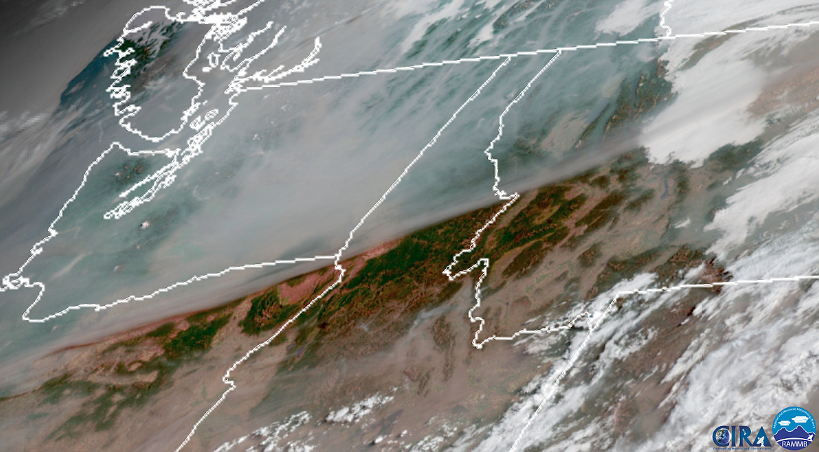 Courtesy of the COOPERATIVE INSTITUTE FOR RESEARCH IN THE ATMOSPHERE and the REGIONAL MESOSCALE METEOROLOGY BRANCH/
A satellite image of the region on Aug. 13 at approximately 1 p.m. showing the smoke from regional wildfires.