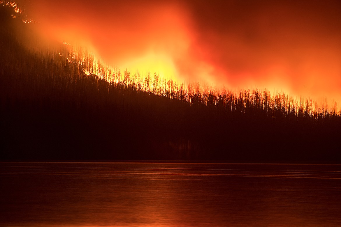 The Howe Ridge Fire burns in Glacier Park Sunday evening. (Chris Peterson photo)