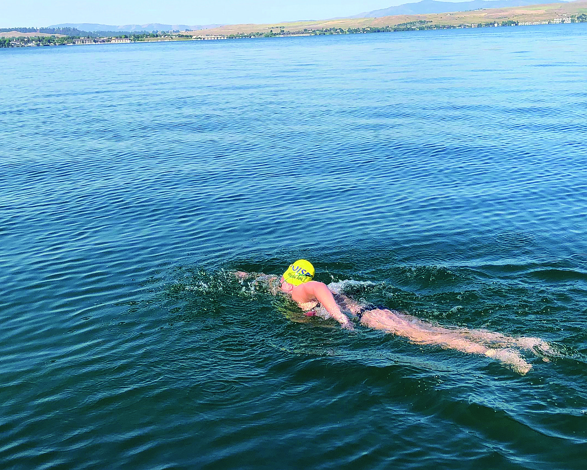 FOURTEEN-YEAR-OLD Aubrey Bureau of Boise, Idaho, swam the 2.5-mile distance from The Narrows to Slacks Point on Flathead Lake nonstop on July 22. (Photos provided)