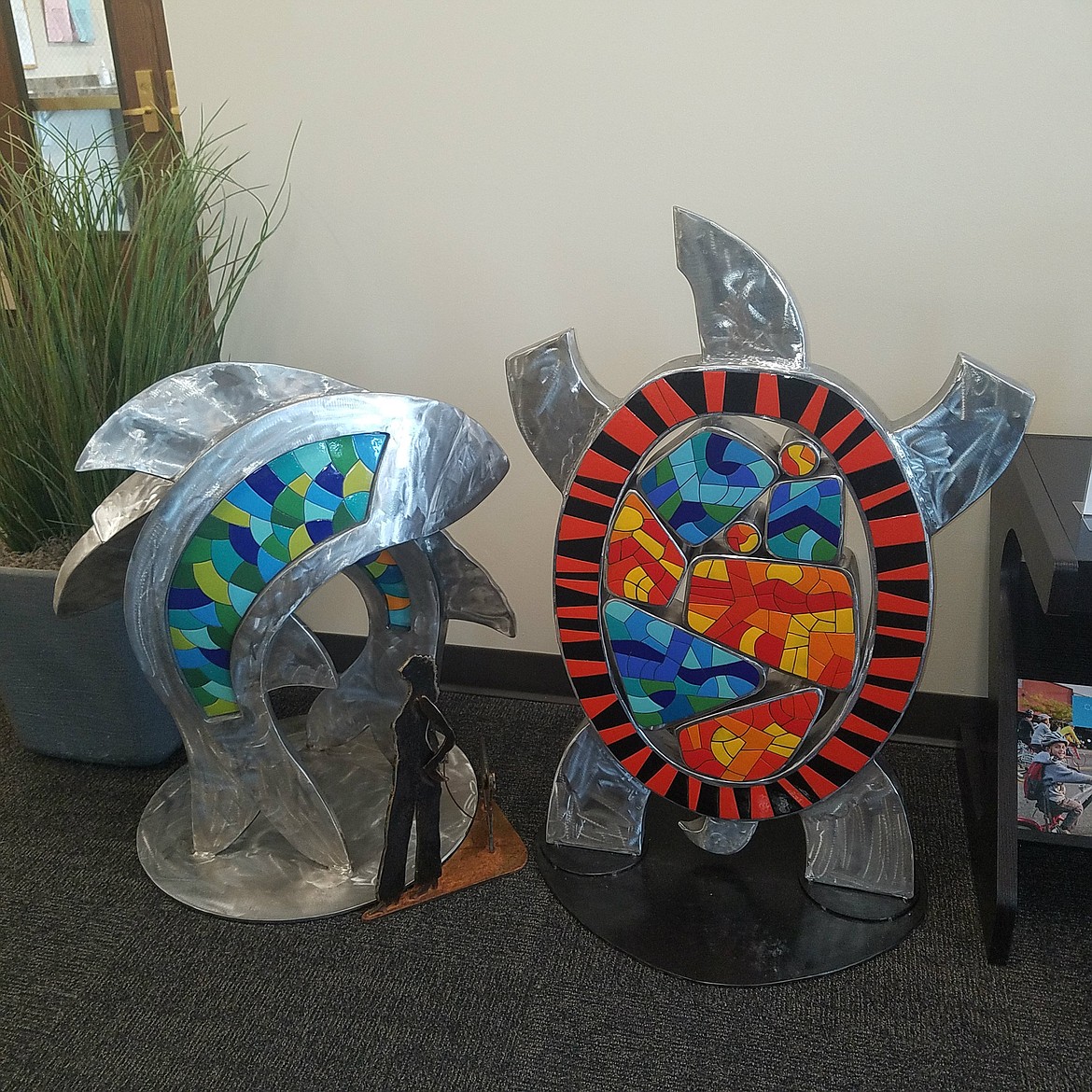 &quot;Fish&quot; and &quot;Turtle&quot; by Allen and Mary Dee Dodge. Made from welded stainless steel and enameled metals. Each will stand about 10' tall.