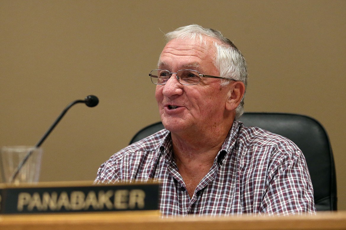 Former Hayden mayor and current city council member Richard Panabaker talks about the history of levy rates in Hayden at a town hall meeting Tuesday night. (JUDD WILSON/Press)