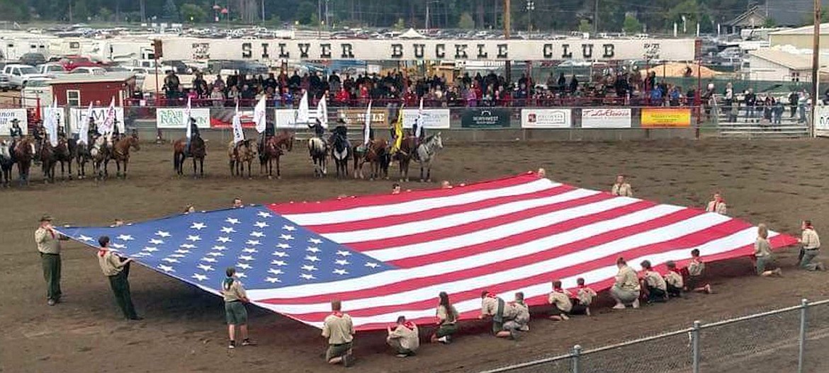 Boy Scout Troop 202 and Troop 911 participate in the flag ceremony at the North Idaho Fair, Gem State Rodeo on Sunday. (Courtesy)