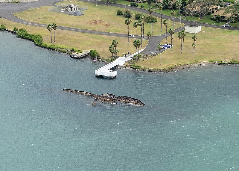 U.S. Navy photo by Chief Mass Communication Specialist John M. Hageman/Released
Wreck of battleship USS Utah, now a national memorial in Pearl Harbor where it was sunk by Japanese torpedoes on Dec. 7, 1941.