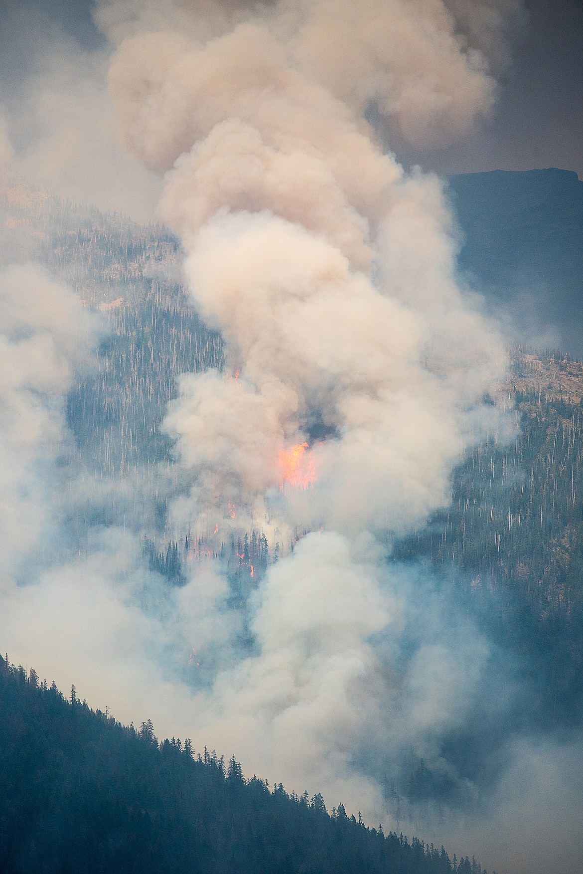 The Howe Ridge Fire burns on Mount Vaught last week in Glacier National Park. (Chris Peterson/Hungry Horse News)