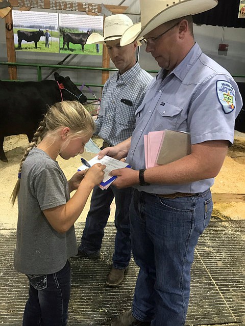 Montana Livestock Inspector Wes Seward has Ione Plummer sign a bill of sale for her market steer. (Hilary Matheson/Daily Inter Lake)