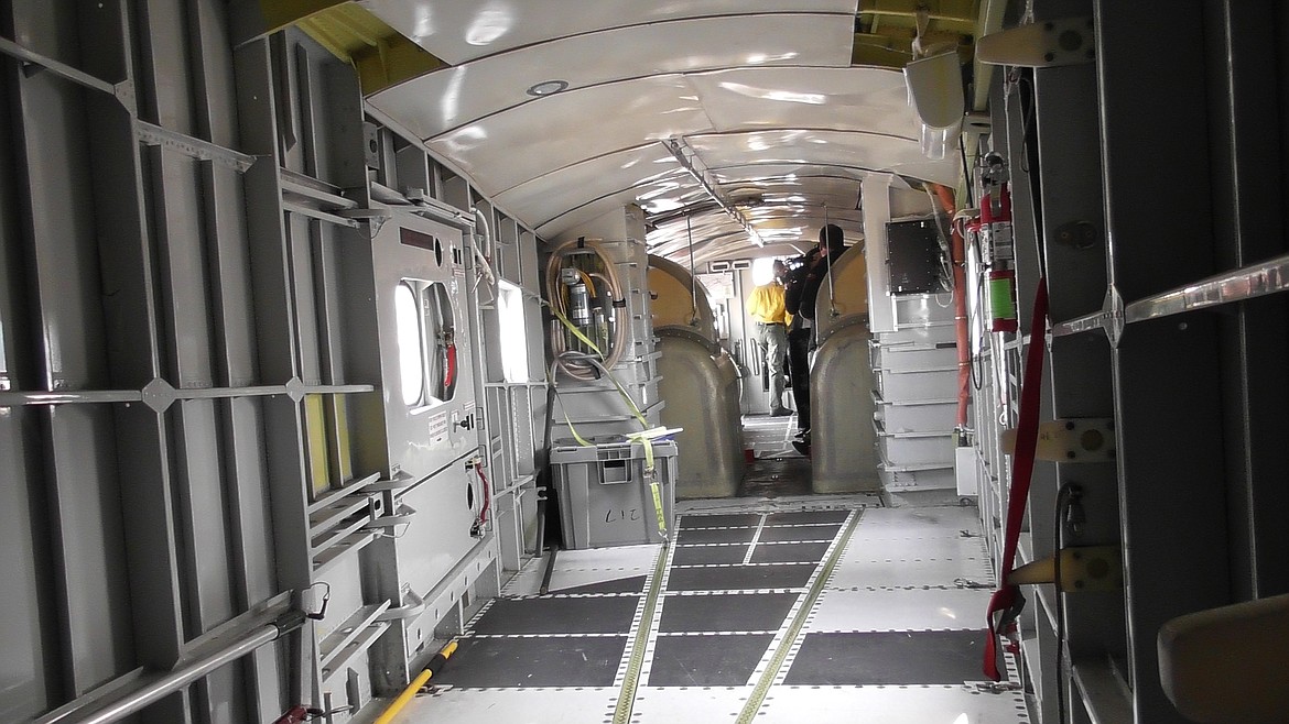 A view from the cargo hold of a Saskatchewan CL-215 airplane at Glacier Park International Airport Saturday. The huge planes, popularly known as &#147;Super Scoopers&#148; have helped control wildfires burning in the Park as well as the Flathead and Kootenai National Forests. (Scott Shindledecker/Daily Inter Lake)