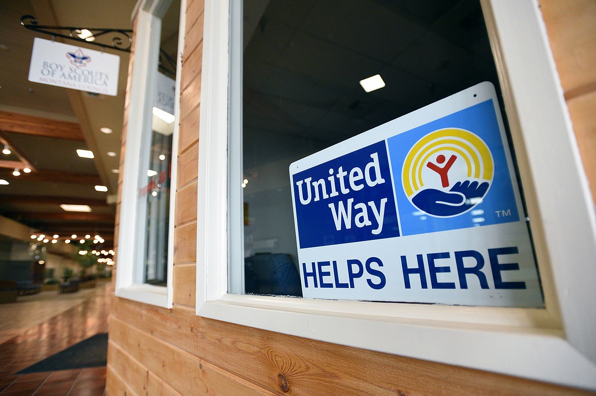 Signs of support for United Way are shown in the windows of several local nonprofits inside the Gateway Community Center on Thursday, Aug. 23. (Casey Kreider/Daily Inter Lake)