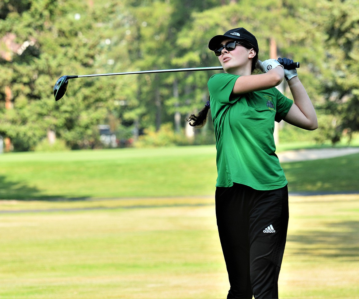 Ella Shaw tees off during the Whitefish Invitational last week at Whitefish Lake Golf Club. (Jeff Doorn photo)