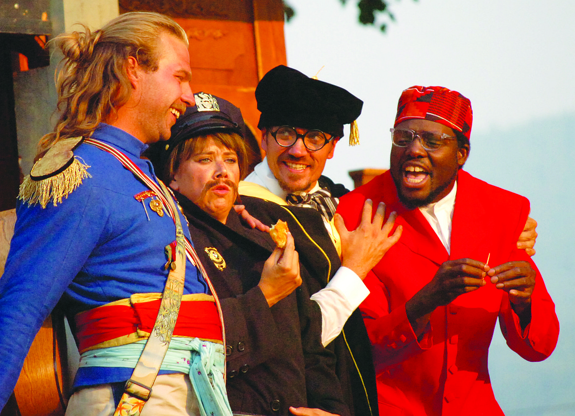 The Montana Shakespeare in the Parks production of &#147;Love&#146;s Labour&#146;s Lost&#148; will be presented at Palmer Park in Charlo Saturday, Aug. 25. Pictured during the play Aug. 16 in Plains are, from left, Don Adriano de Armado (played by Jordan Pettis); constable Dull (Emily Wold); Longaville, Lord attending on the King; and Duman, Lord attending the King (Yao Dogbe). (Joe Sova/Lake County Leader)