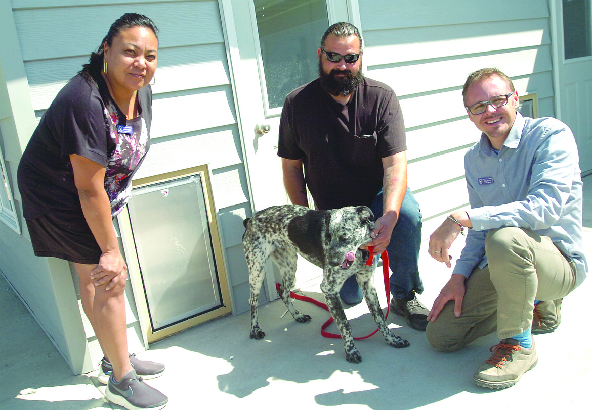 Mission Valley Animal Shelter is nearing completion of their expansion and upgrade project of their facility between Polson and Pablo. Pictured are MVAS Executive Director Filip Panusz, right, manager Steve Reynolds and office assistant Leslie Camel Stewart. Reynolds is with Hippie, a shelter dog that was about to be adopted and given a new, loving home. (Joe Sova/Lake County Leader)