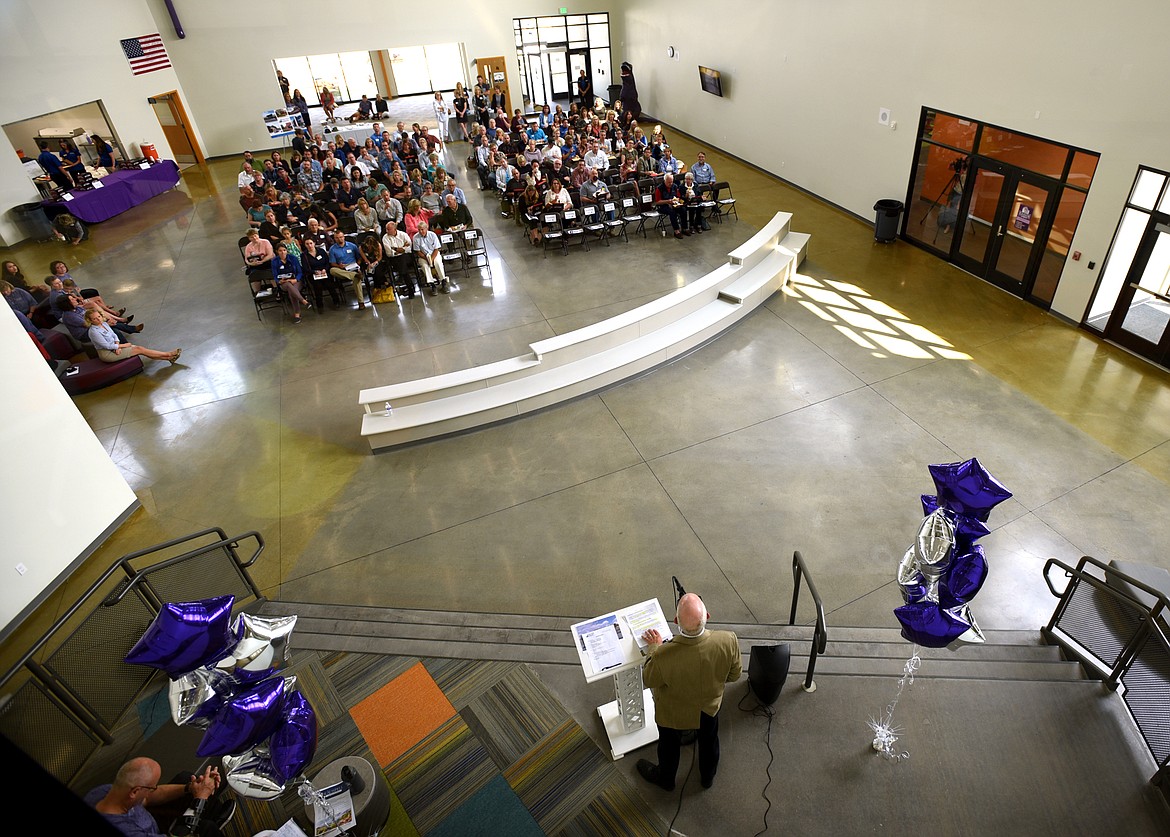 A view from a second story window of the attendees at the Kalispell Chamber of Commerce monthly luncheon on Tuesday, August 21. This month the event was held at Rankin Elementary in south Kalispell. (Brenda Ahearn/Daily Inter Lake)