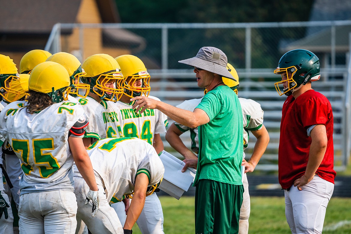 Head coach Chad Ross addresses his team during an early season practice. (Daniel McKay photos/Whitefish Pilot)