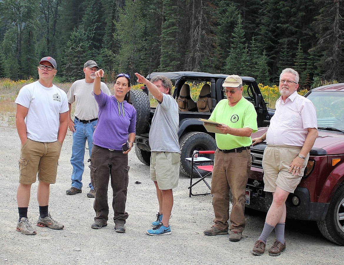 A search party looks over the area near Taft to determine where the old town cemetery may be located. Left to right are Nick Turnbull, Bruce Erickson, Erika Karuzas, Gus Chambers, Steve Waylet and John Shontz. (Kathleen Woodford/Mineral Independent)