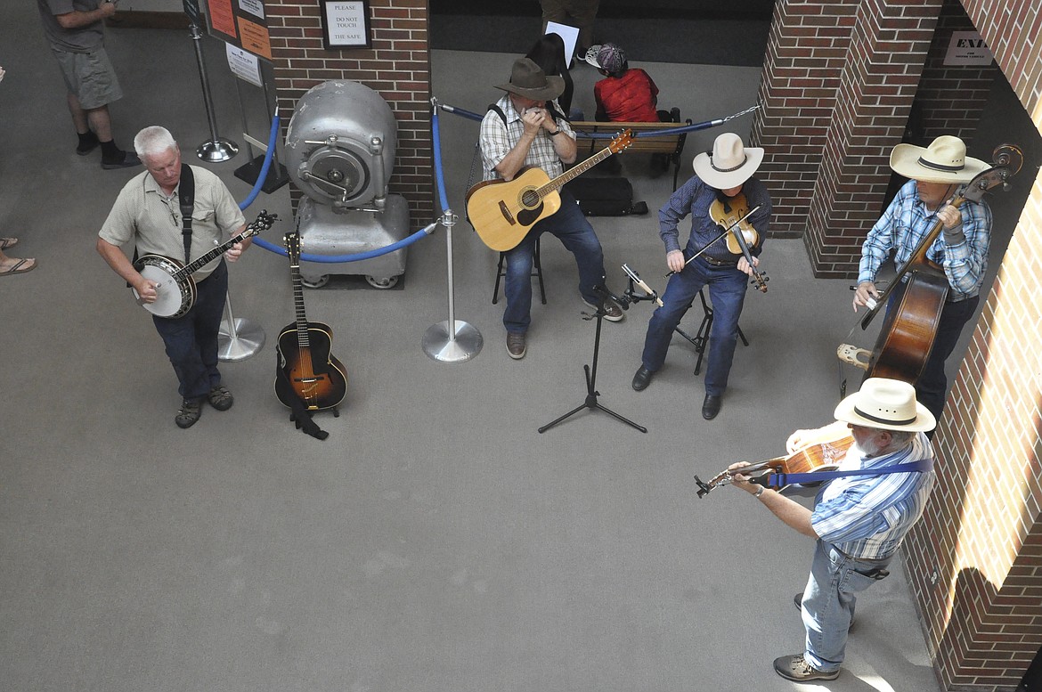 FIVE MEMBERS of The Best of Bannack play at the Lake County Courthouse Friday, Aug. 10, giving the community a preview of their music before they play at The Idle Spur in Dayton for a fundraiser benefitting Dayton Elementary next month. (Ashley Fox/Lake County Leader)