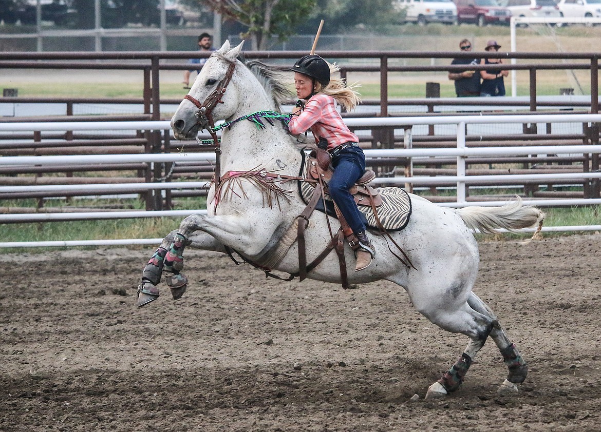 Photo by MANDI BATEMAN
A handful of a horse exuded pure horesepower when it came to the Flag Race.